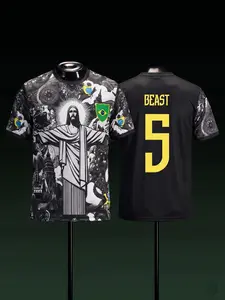 Brazil Christ The Redeemer Special Edition Soccer Jersey, Beast Number 5 Men Short Sleeve Quick Dry Football Shirt