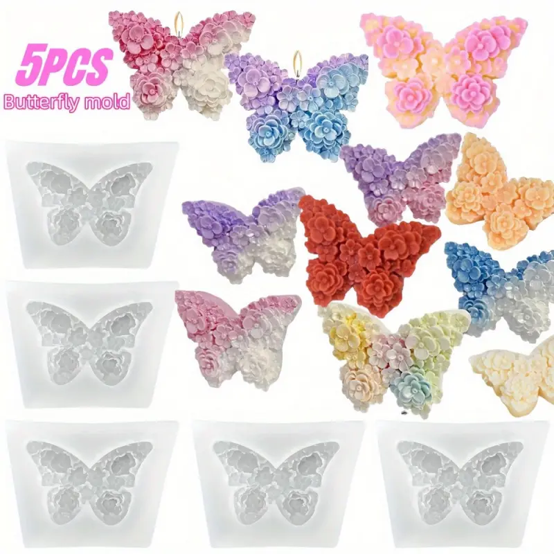 Five piece butterfly shaped silicone mold, Candle Molds, Candle Molds For Candle Making, reusable non stick 3D flower butterfly mold, suitable for resin, clay, candle, aromatherapy stone production, handmade crafts, wedding, home decoration