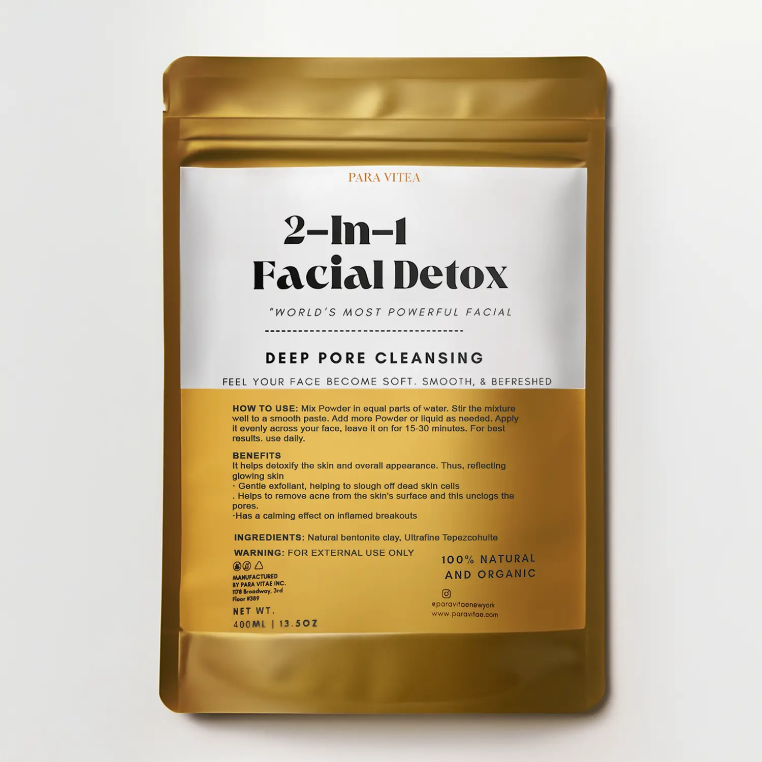 PARA VITAE 2-in-1 Facial Detox Clay - Ultrafine Tepezcohuite & Bentonite for Skin Purification & Regeneration 13.5oz Natural Organic Powder
