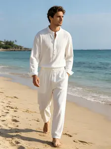 Men's White Pants+Henley Shirts Mandarin Collar 2 Piece Hawiian Beach Cotton Linen Casual Mens Summer Outfits