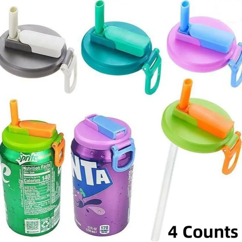 4 Count Reusable Soda Can Lids with Silicone Straws, Colorful Soft-Drink Can Covers for Seltzer and Juice, Straw Spout Lids, Sip Lids, Lid Straw Set, Drinkware, Ideal for Children's Day
