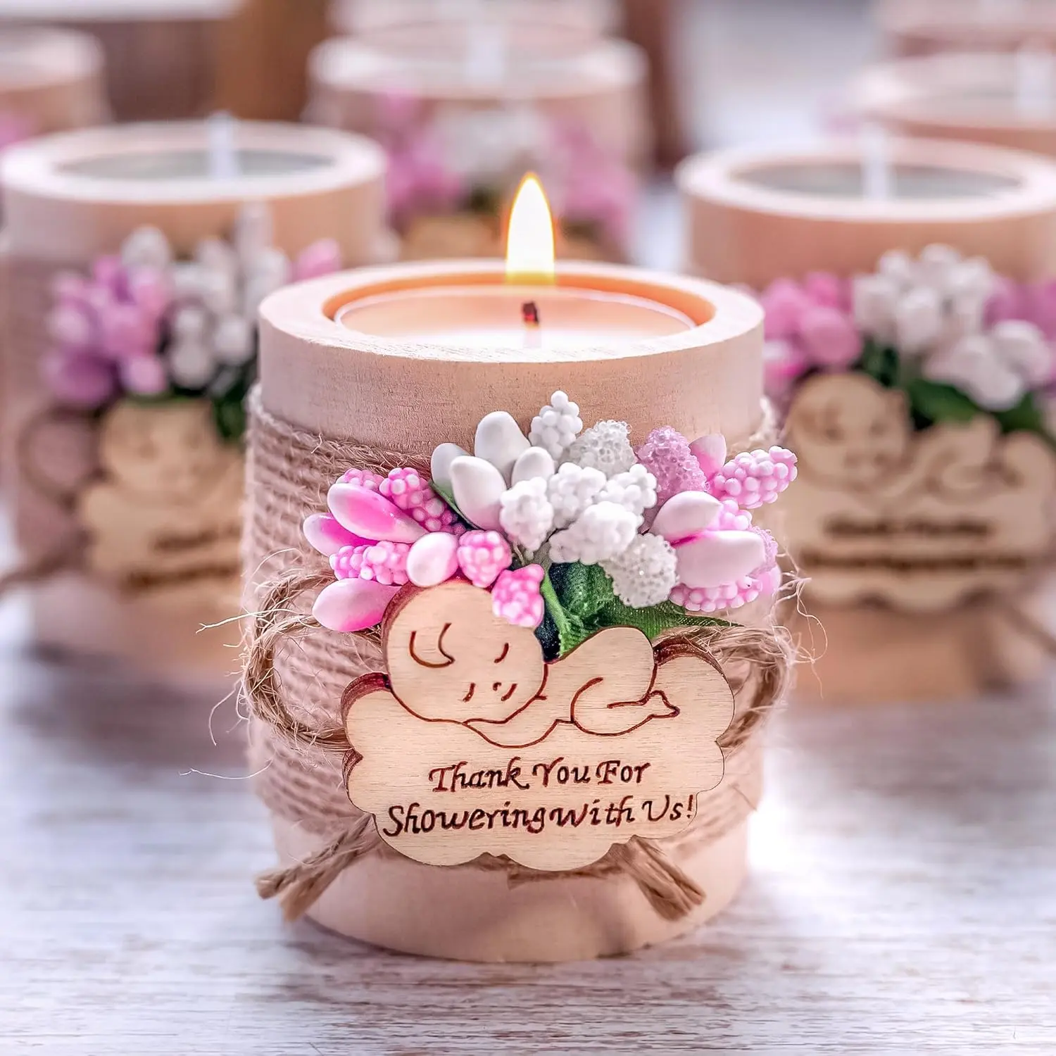 10-Pack Round Wood Votive Candle Holders with Box, Blush Pink Home Decor Set for Girls' Baby Shower Guest Favors