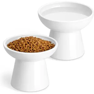 Elevated  Bowls 2-Pack, Ceramic Raised   and Water Dishes with 5.1" Height & 6.2" Wide Opening - Anti Vomit, Whisker   for Senior Cats, Kittens and Small Dogs (White)