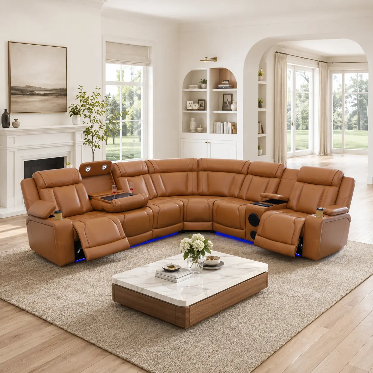 Power Reclining Sectional Sofa with USB Charging, Bluetooth Speakers, Cup Holders & Drop-Down Table, L-Shaped Home Theater Seating