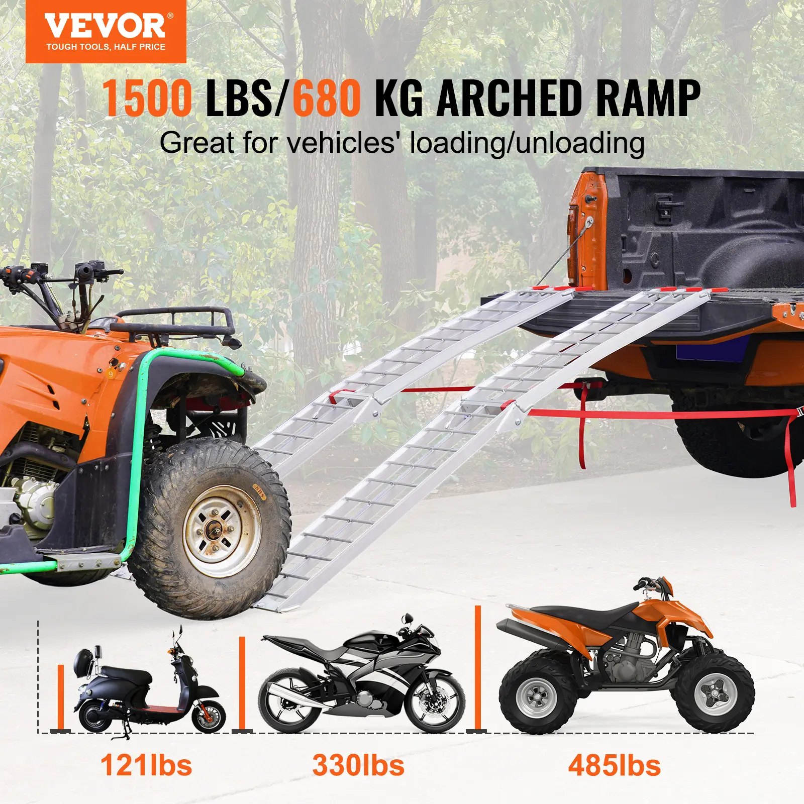 【summerfinds】VEVOR Aluminum Ramps, 1500 lbs Folding Loading Ramps for Pickup Trucks Bed, Trailers Ramp with Load Straps for Dirt Bike, UTV, ATV, Trucks, Lawn Mowers, Snowblower, Cargo Trailer, 89"L x 12"W, 2 Pcs