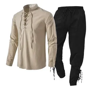 2pcs Men’s Medieval Knight Costume Set Renaissance Cosplay Pirate Shirts Ankle Banded Pants for Halloween Cotton Linen Fabric Menswear Clothes Hoodie Casual Gamis Beige Plain White Brown