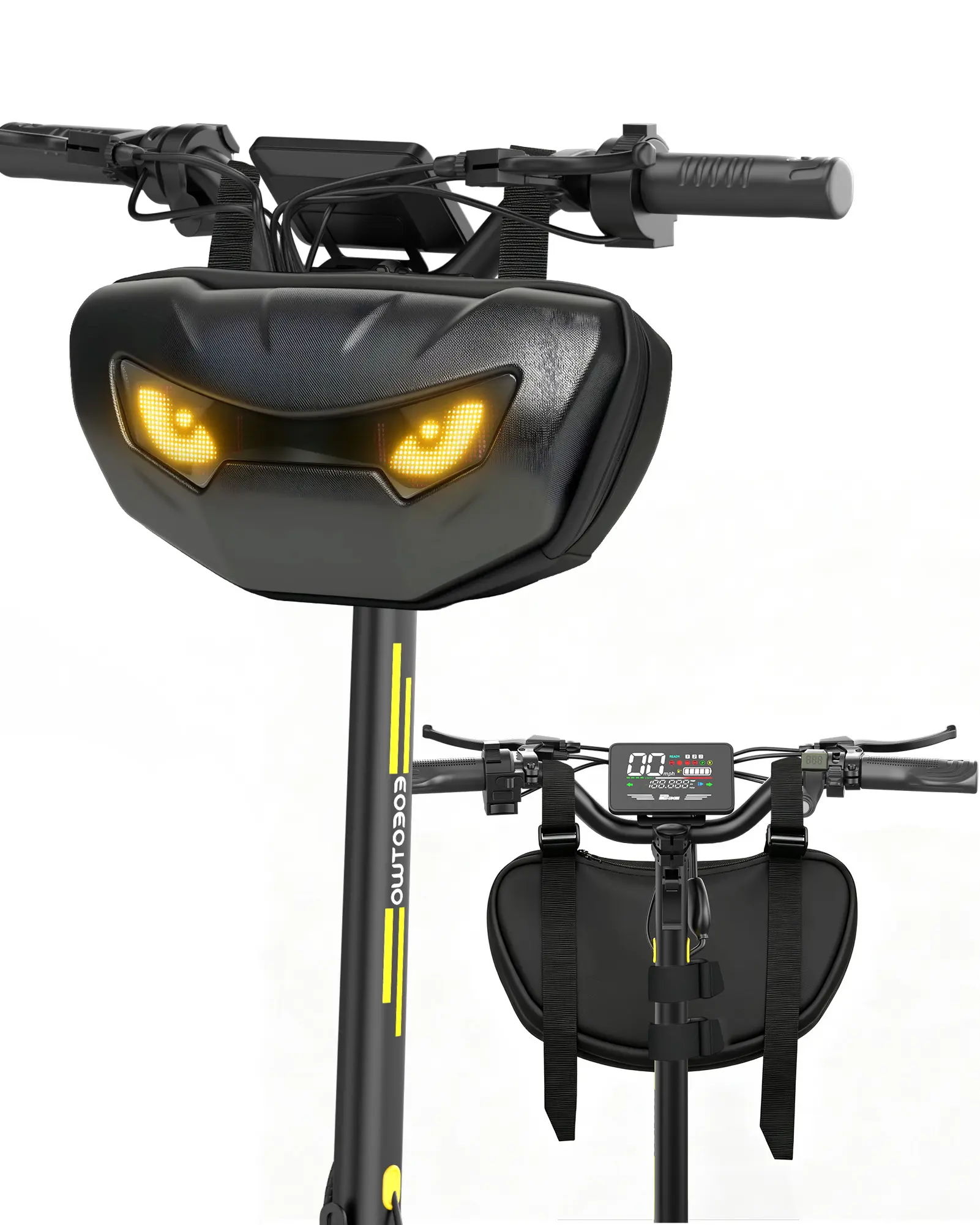LEDElectric Scooter & E-Bike Handlebar Bag, Smart Bluetooth App-Controlled LED Pixel Screen, Hard Shell Waterproof Front Storage Pouch,Powered by External Power Bank(Power Bank Not Included)