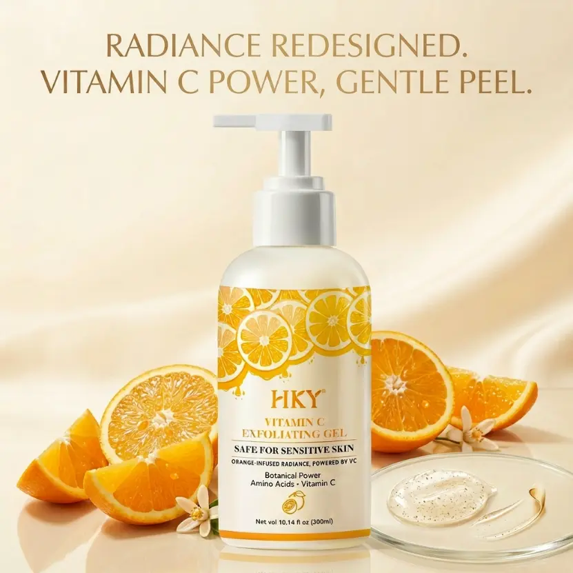 HKY Gentle Chemical Exfoliant Gel - 300ml Large Size, Vitamin C, Salicylic Acid & Silica, Blackhead Removal, Pore Clearing, Radiance Boost, Orange Citrus Scented Hypoallergenic Body Care Peeling Solution for Sensitive Skin, Soothing, Single Item, Adults,