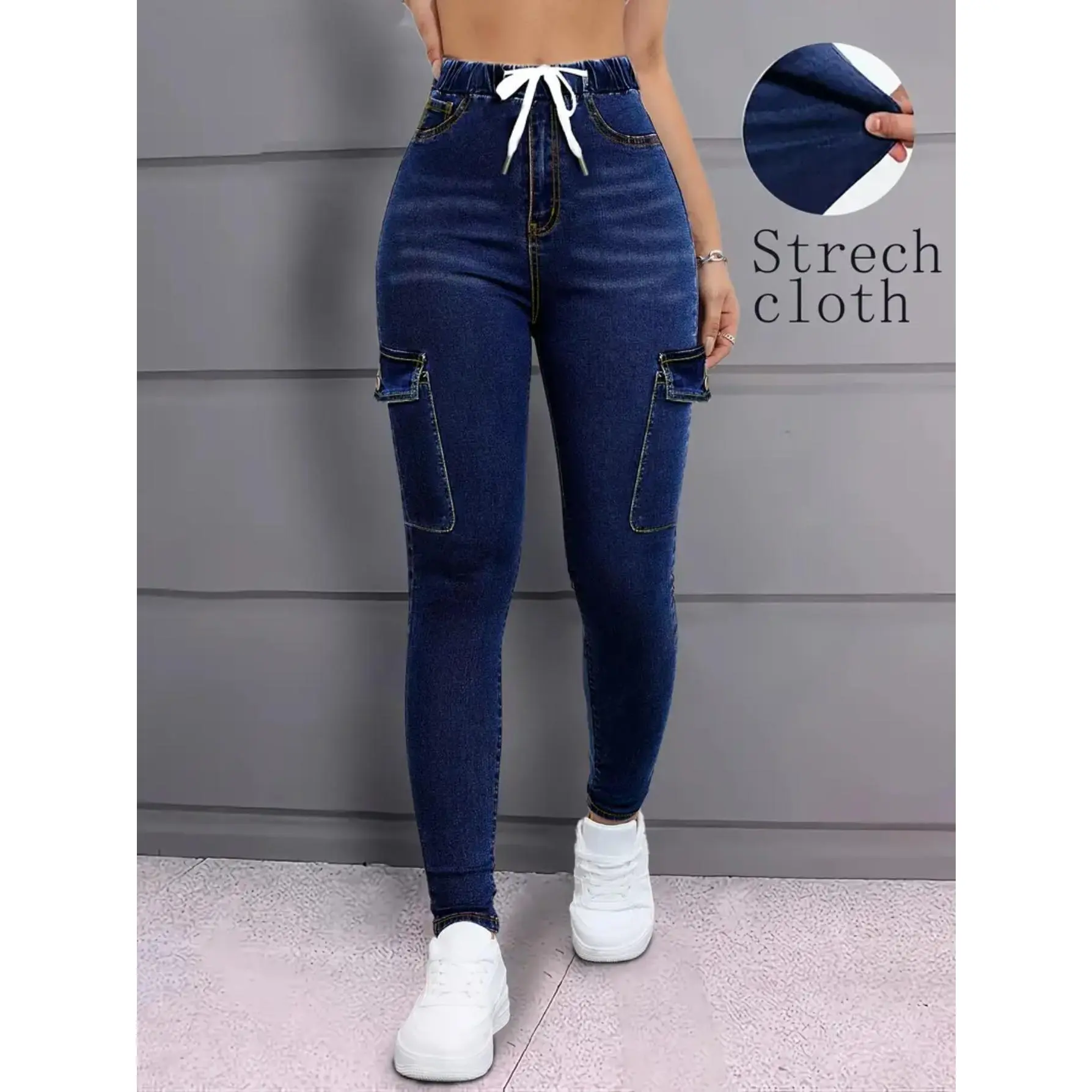 Women's High-Waisted Stretch Denim Jeans - Slim-Fit Skinny Pants with Drawstring Waist & Belt-Like Patches, All-Season Comfort, Heavy-Duty Durable Blue Wash (Casual to Formal) - Long Length Jeans for, Casual Attire (Machine Washable