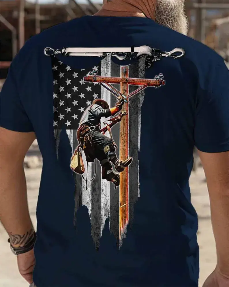 ( 1 side back ) Lineman T-shirt – American Flag Lineman Tee – Electrical Lineworker Shirt, Utility Pole Climber Gift, Proud Job Apparel