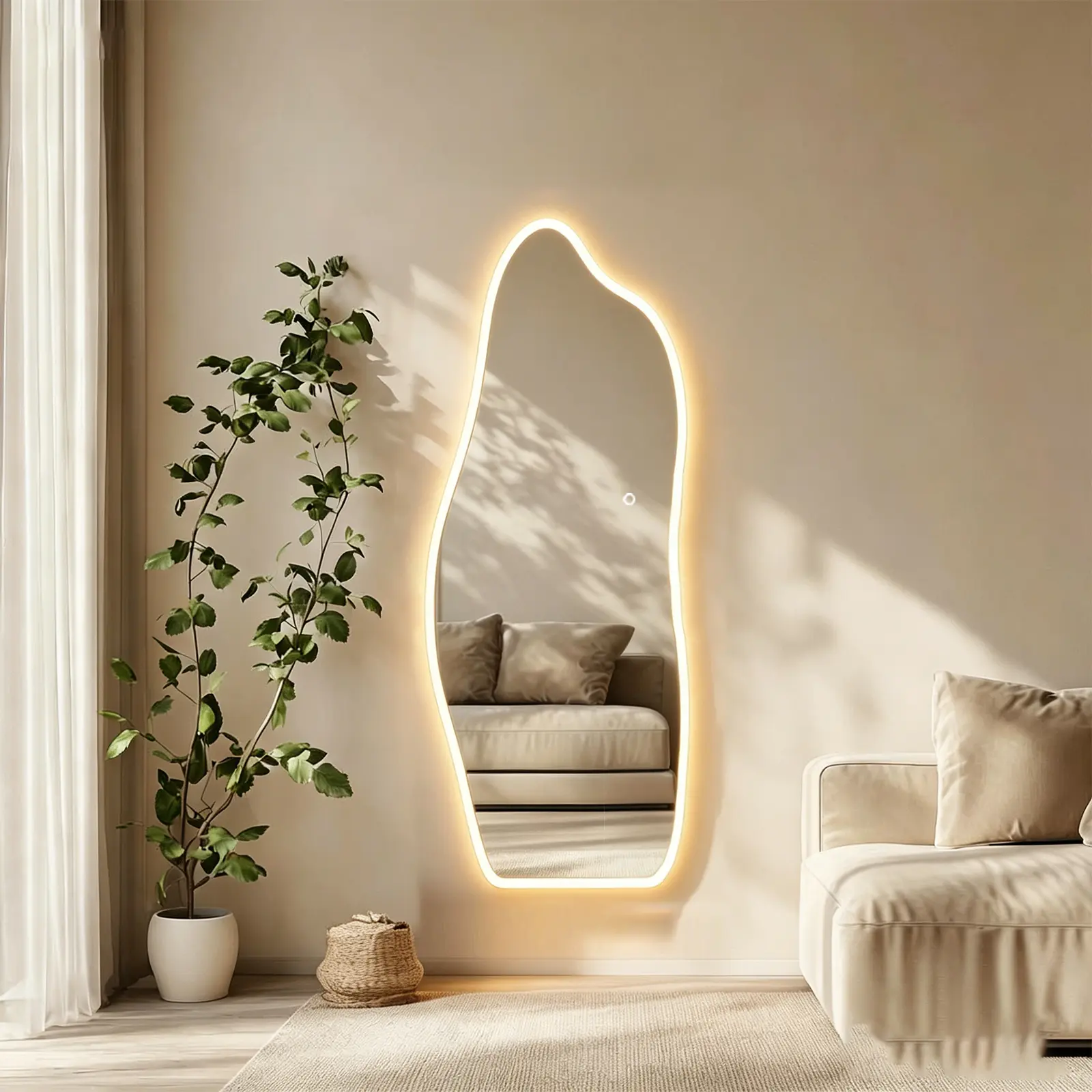 Irregular Organic Shape LED Full Length Mirror, Tempered Shatterproof Glass Backlit Wall Mount Dressing Mirror, Asymmetrical Wavy Illuminated Full Body Decor Mirror for Bedroom Cloakroom Home Aesthetic Decor