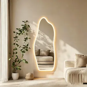 Irregular Organic Shape LED Full Length Mirror, Tempered Shatterproof Glass Backlit Wall Mount Dressing Mirror, Asymmetrical Wavy Illuminated Full Body Decor Mirror for Bedroom Cloakroom Home Aesthetic Decor
