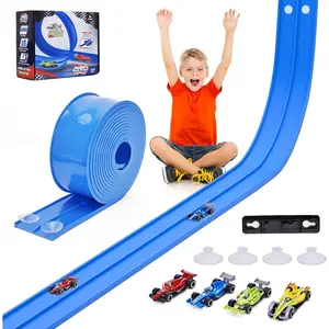 15Ft Flexible Race Car Track for Kids, Double-Sided Racetrack with Suction Cups, Compatible with Hot Wheels & 1:64 Diecast Cars,Portable Roll Up Track Toy,Gift for Boys Girls Ages 3+ (Blue)
