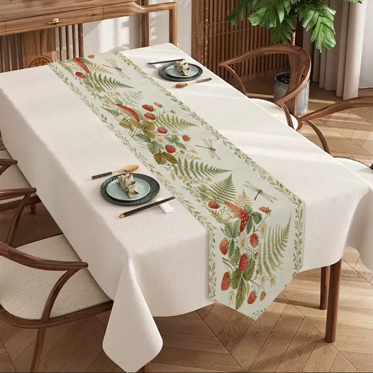 Vintage Strawberry Dragonfly Polyester Table Runner - Fruit Leaf Print, Strawberry Ferns, Red-Spotted Mushroom, Watercolor Wildflower, Farmhouse Cottagecore Long Dresser Scarf, Machine-Washable, 2 Sizes, Dining/Kitchen Decor
