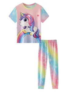 Girls' Cartoon Rainbow Unicorn Pajama Set, Short Sleeve Long Pants, Milk Silk Fire Retardant Fabric, Spring Summer Home Wear, Cartoon Print Pajama