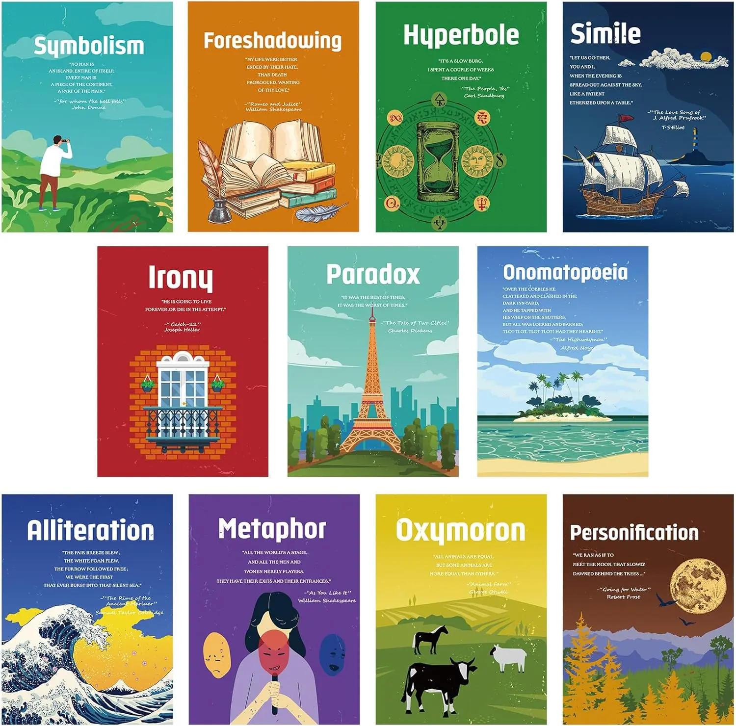 11 Pcs Element of English Language and Literature Posters English Teacher's Poster Educational Art Print Literary Terms Language Educational Classroom Decor for Middle High School(Classic)