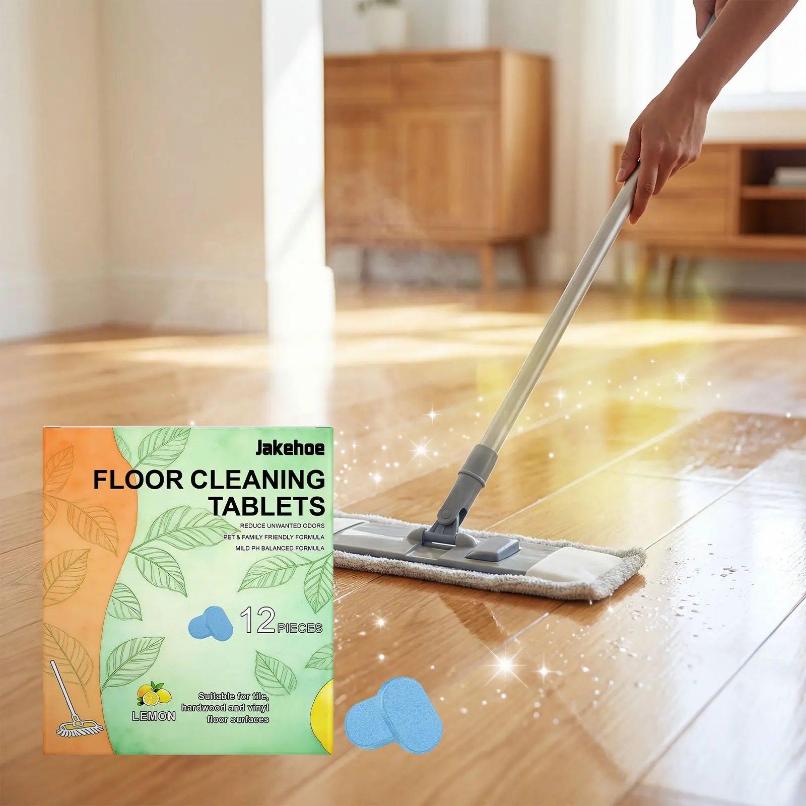 JAKEHOE Lemon Scented Anti-Bacterial Mildew Proof Solid Disinfecting Floor Cleaner Effervescent Tablets Pack - Pre-portioned Home Cleaning Supplies, Safe for Tile Floors, Stain Removal, Odor Elimination, Fresh Shine (With Storage Bag), Quick Dry