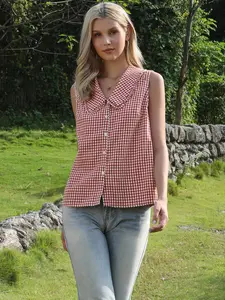INSPIRE CHIC Cute Gingham Sleeveless Tops Women's Peter Pan Collar Ruffled Trim Button Down Blouse