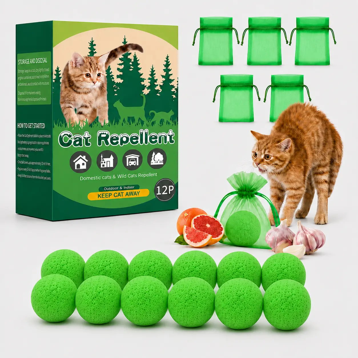 12-Pack Natural Peppermint Oil Cat Repellent Balls - Pet Supplies Indoor/Outdoor Deterrent for Lawn, Garden, Furniture (Dog & Cat Accessories)