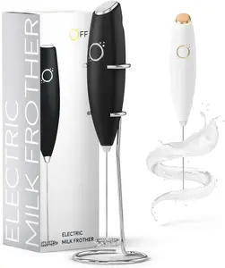 Handheld Milk Frother for Coffee - Stainless Steel Electric Drink Mixer & Matcha Whisk -  Hand Frother With Stand & Recipes (Black)