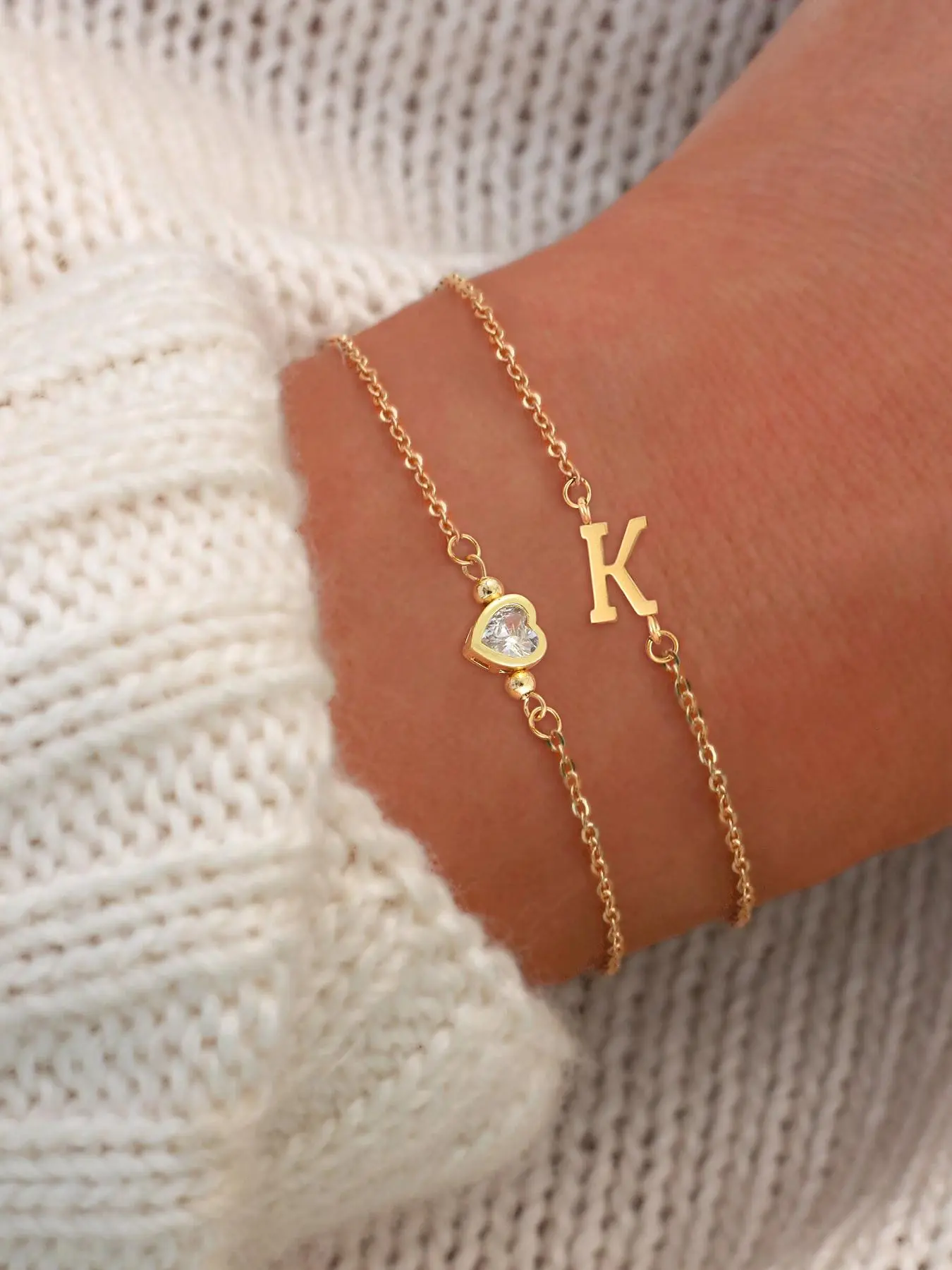 Initials Bracelet Set, Faux Crystal Heart Pendant Bracelet, Dainty Crystal Bracelet, Simple Fashion Stainless Steel Chain Bracelet Set for Women, Heart Design Bracelet, Fashionable Bracelet, Fashion Accessories, Romantic Bracelet Set, Fashion Bracelets