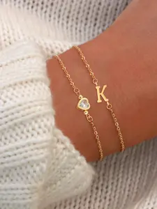 Initials Bracelet Set, Faux Crystal Heart Pendant Bracelet, Dainty Crystal Bracelet, Simple Fashion Stainless Steel Chain Bracelet Set for Women, Heart Design Bracelet, Fashionable Bracelet, Fashion Accessories
