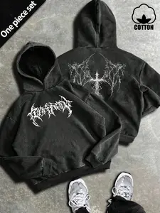 Men's Vintage Washed Metal Style Fitted Hoodie, Graphic Thorn Cross Pattern, Soft Cotton Fabric, Streetwear for Spring & Fall