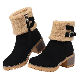 Women's Ankle Boots Winter Warm Snow Boots Thick Heel Round Head Buckle Large Cotton Boots for Comfortable Fit Plain Style