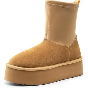 DREAM PAIRS Mid Calf Platform Winter Boots for Women Genuine Suede Upper, Elastic Lycra Shaft Snow Boots with Warm Faux Fur Lined for Outdoor Indoor Fashion Dressy