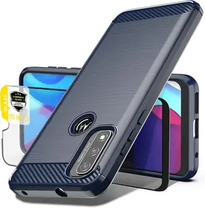 Phone Case for Motorola Moto G Pure Case, Moto G Pure Case with Tempered Glass Screen Protector, Shock-Absorption Brushed Flexible Soft Carbon Fiber Protective Cover for Motorola G Pure (LS-Navy)