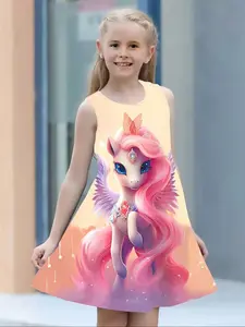 Girls' Dreamy 3D Starry Unicorn Sleeveless Dress, Summer Casual Wear, Perfect for Daily