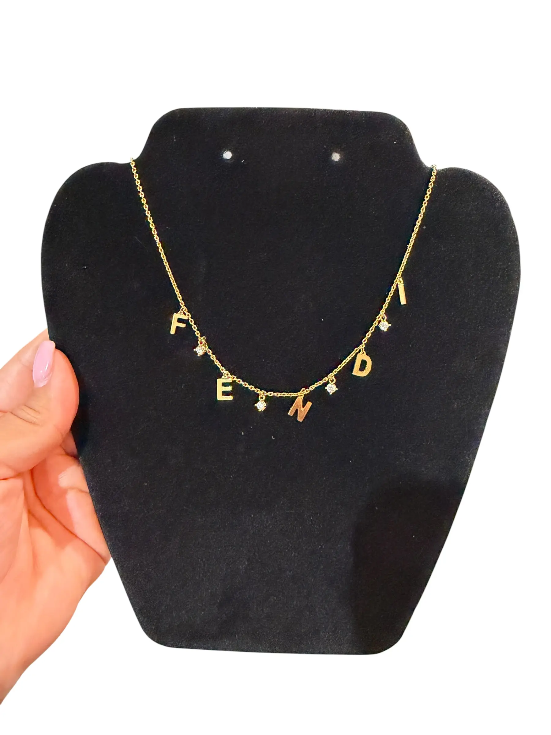 Pre-owned Fendi "FENDI" Initial with Stones 17.5 in. Necklace Perfect for Daily Use