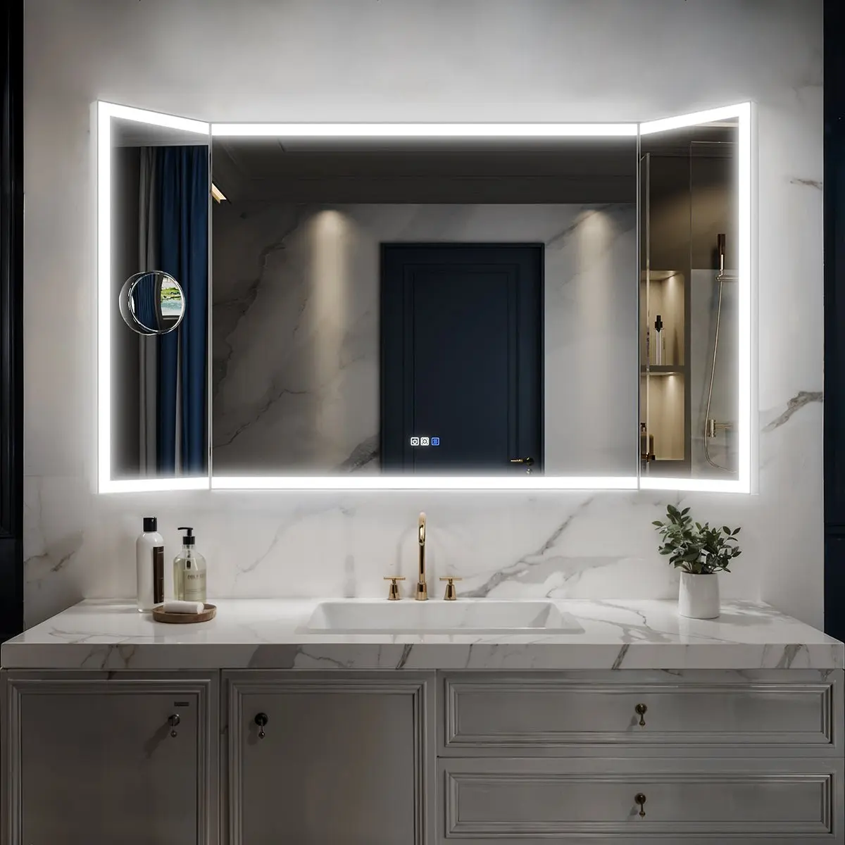 TriFold 66" W x 36" H LED Lighted Three Ways Bathroom Mirror, Front & Back Lighting, with Movable Magnifying Mirror