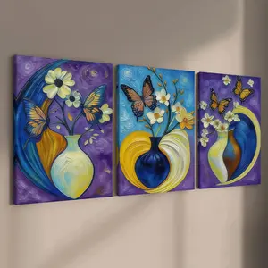 3-count wooden frame canvas, purple and blue contrasting flower and monarch butterfly art posters, light luxury and retro entrance hall decoration posters, family posters, modern living room decoration, Modern home decoration