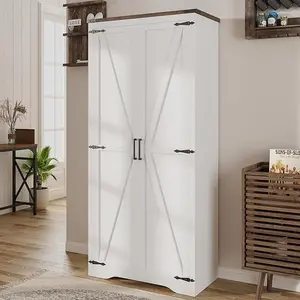 Vabches Farmhouse Storage Cabinet with Adjustable Shelves, Large Pantry Organize with 2 Barn Doors, Tall Freestanding Cabinet for Kitchen, Bathroom/Garage/Basement/Living/Utility Room