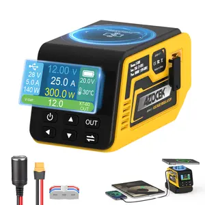 Azocek 300W Adjustable DC Voltage Regulator for DeWalt 20V Battery, 4-in-1 Power Station with 100W USB-C PD, 15W Wireless Charging, XT60 2-30V Output & Smart LCD [Battery Not Included]