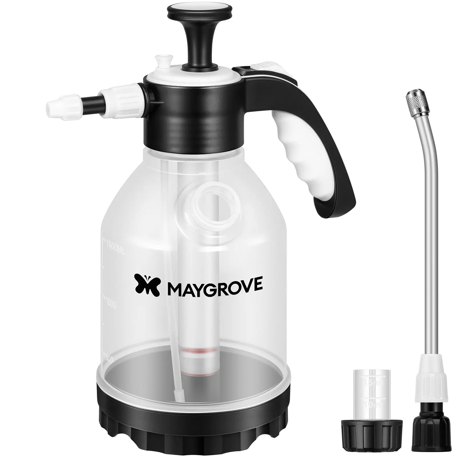 MAYGROVE 0.4 Gal Pump Sprayer, Hand Water Spray Bottle for Indoor Plant, Clear Plant Sprayer with Side Filling Port, Measuring Cup, Adjustable Nozzles, Safe Pressure Relief Valve