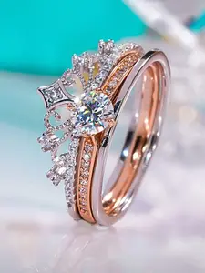 Valentine's Day Gift Firework Castle Ring, Princess Sparkling Diamond Crown Ring, Adjustable Rose Gold Two-In-One Stackable Ring, Fashion Engagement Rings