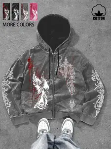 Same design for men and women, Long sleeve, Dark-themed angel/gothic lace pattern print, retro American-style wash water cotton zipper hooded cardigan sweatshirt, suitable for spring and autumn, warm with cotton