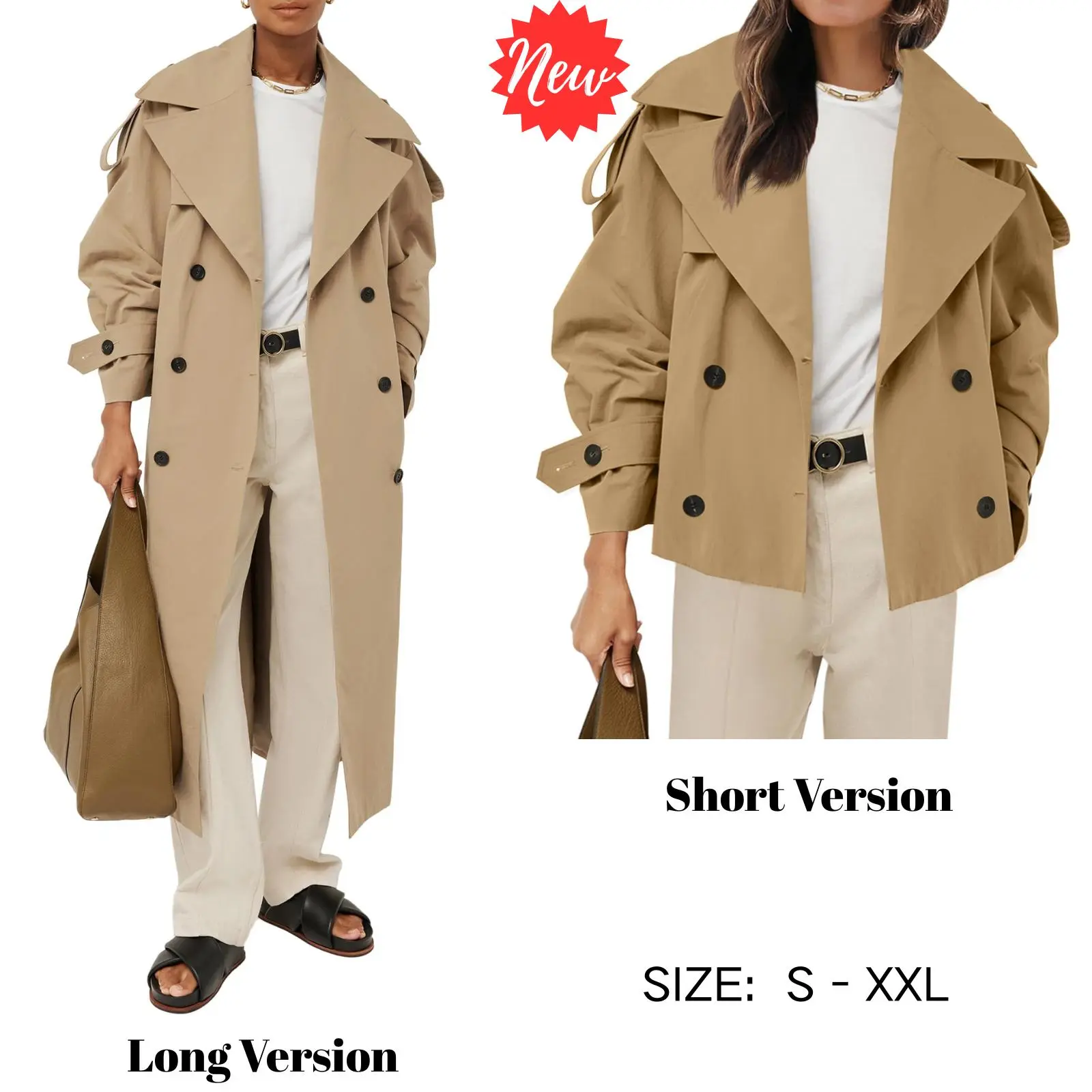 TANKANEO Women's Oversized Trench Coat - Long/Short Length, Adjustable Belt, Basic Collar, Long-Sleeve Polyester Double-Breasted Windproof Jackets, Relaxed Fit Tops for Teacher Work Office, Casual Elegant Spring Outerwear with Style & Quality Fabrics, Sel