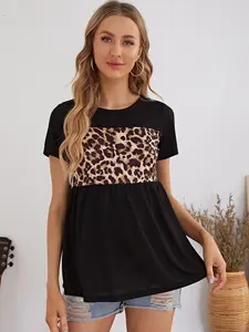Maternity short-sleeved sports and casual wear for summer, featuring black leopard print pattern, Pregnancy Summer Outfits
