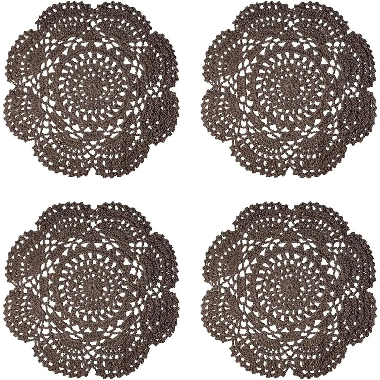 8x8 in Set of 4 Reusable 100% Cotton Handmade Crochet Round Lace Doily Placemats & Coasters - Tableware, Easy to Sew, Dark Brown Decor Accents, Decorating Trinkets for Fragile Vases, Glasses