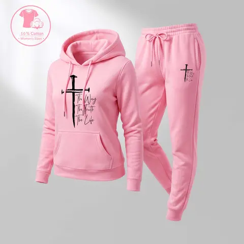Female 2-Piece Jesus on the Cross Letter Print Hoodie & Drawstring Sweatpants Set, 100% Polyester, Breathable Leisure Daily Wear, Long Sleeve Loose Fit Casual Athletic Fall Winter Sportswear Tracksuit for Indoor Activities