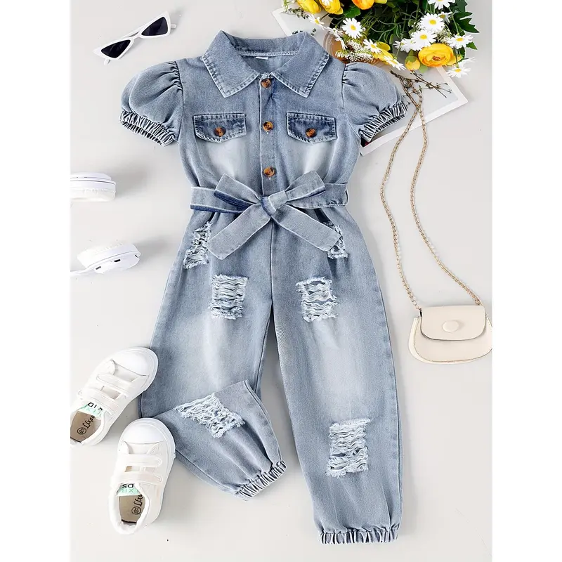 (New) Girls' Belted Waist Plain Polyester Faux Denim 2-Piece Jumpsuit - Long Puff Short Sleeves, Regular Fit, Spring Summer Casual, Outdoor Play, Basic Wear, Gift (4Y-7Y, 5Y, 6Y, Includes 1 Button, Gift Comes With Every Order)
