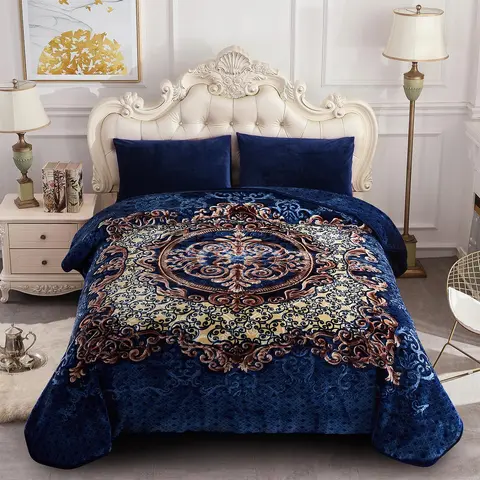 Royal Blue Floral Raschel Weighted Throw Blanket - 9lb, 85x95in Single-Layer Breathable Fluffy Microfiber Bedding with Allover Embossed Floral Medallion, Gold Scrollwork, White Tiger Accent, Vintage Aesthetic Room Plush Decor (Bedrooms)