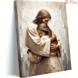1pc Jesus and Woman Healing Embrace Framed Canvas Art - Modern Christian Wall Decor "Jesus and Woman Safe in His Arms", Wrapped Frame Religious for Church, Bedroom, Living Room - Ready-to-Hang Spiritual Artwork for prayer, 2D Flat, Perfect for Room, Bibli