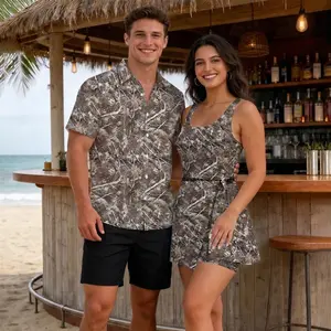 Camouflage Realtree Forest Woods Matching Couple Set, Dress for Her and Shirt Hawaii for Couple, Aloha Shirt Matching Couple Set, Matching Couple Summer Beach Vacation Outfits | 020426.R0732.ID01