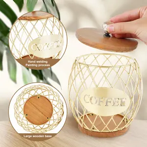 Coffee Pod Basket Holder Metal Coffee Pod Storage Basket with Dust Cover Hollow Design Large Capacity Easy to Store Gold - Organiser