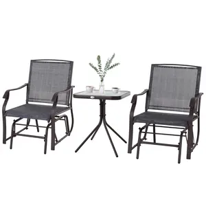 Outsunny 3 Piece Outdoor Glider Chair with Coffee Table Bistro Set, 2 Patio Rocking Swing Chairs with Breathable Sling Fabric, Glass Tabletop, for Backyard, Garden and Porch, Gray