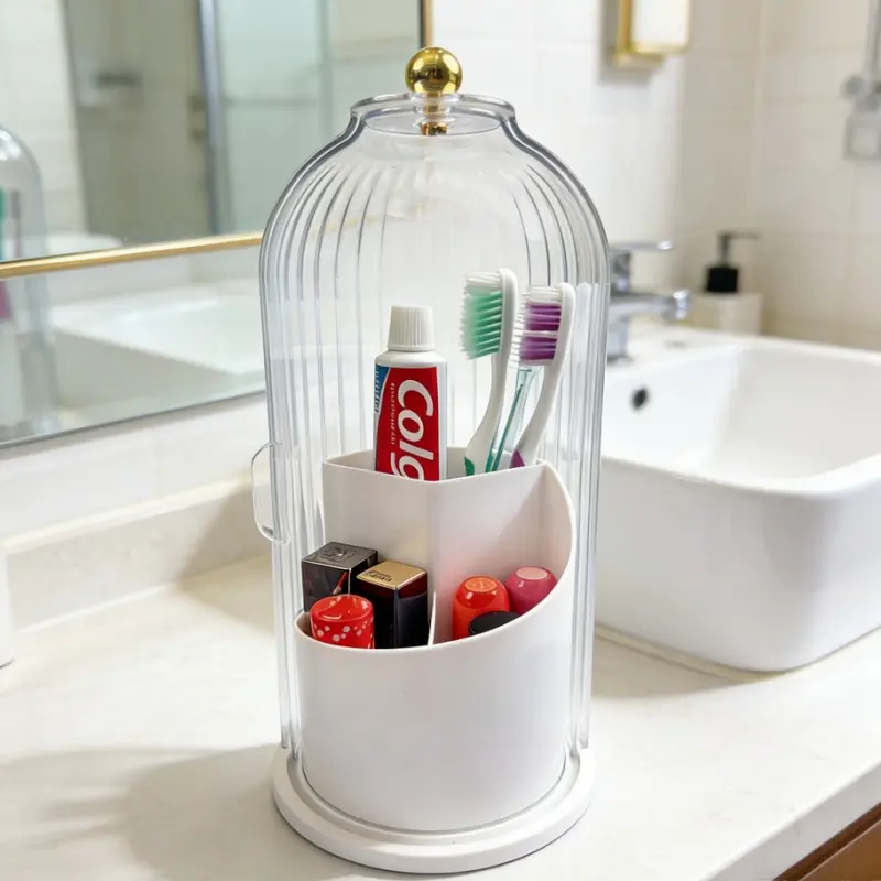ABS Toothbrush Organiser - 360° Rotating, 3-Slot, Compact, Multifunctional, Odorless, Portable, Space-Saving Freestanding Bathroom Caddy with 180° Sliding Lid, Waterproof, Dustproof, Non-Slip Base, Durable, Easy to Clean for Toothpaste & Makeup Brushes, F